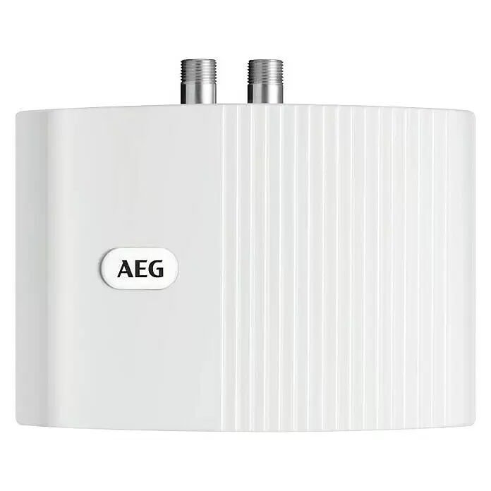 AEG Calentador de agua pequeño MTH 350 - 3,5 kW, Hidráulica, Abierto - Calentador de agua compacto AEG blanco con dos conectores metálicos roscados en la parte superior y elementos de diseño verticales a la derecha.