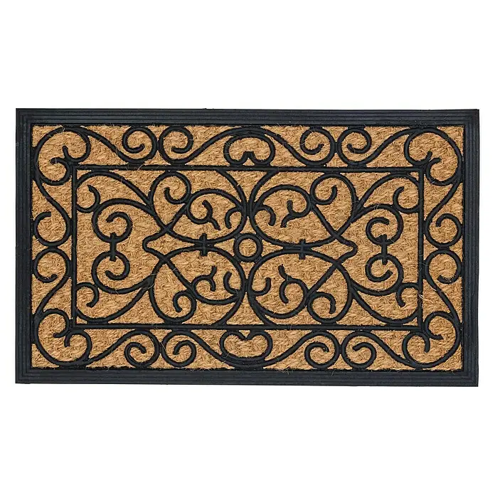 Astra Coco Fußmatte Deluxe Light - 45 x 75 cm, Braun/Schwarz, Keine Schrift, Kokos - Fußmatte mit dekorativem, schwarzem Muster und einem Rahmen. Sie ist aus Kokosfasern gefertigt und bietet eine robuste Oberfläche.
