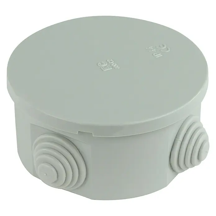 Feuchtraum-Abzweigdose - Ø x H: 80 x 40 mm, IP44 - Graue Abzweigdose mit rundem Deckel und seitlichen Kabeleinführungen für Elektroinstallationen.