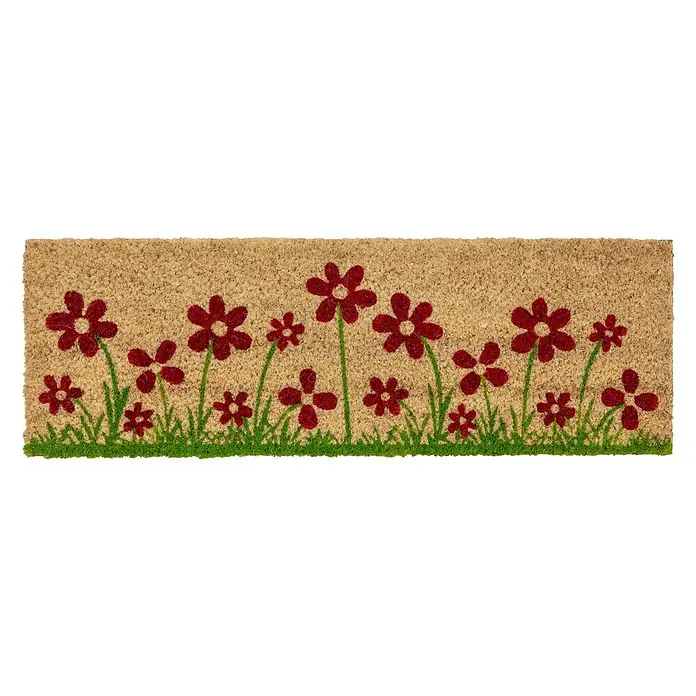 Astra Coco Fußmatte Style - 25 x 75 cm, Bunt, Material Nutzschicht: 100 % Kokos, Blumenwiese, Kokos - Eine Fußmatte aus Kokosfaser mit einem roten Blumenmuster auf einem grünen Rasen.