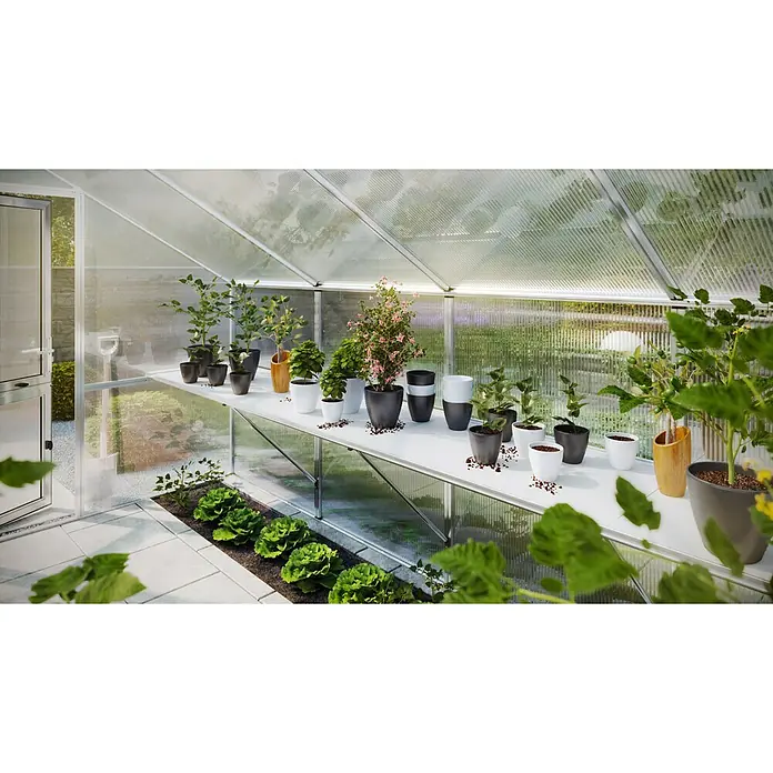 KGT Anzuchttisch Orchidee III -  - Geräumiges Gewächshaus mit Regalen voller Pflanzen in Töpfen, ideal für Hobbygärtner, die ihre Pflanzen sicher ziehen wollen.