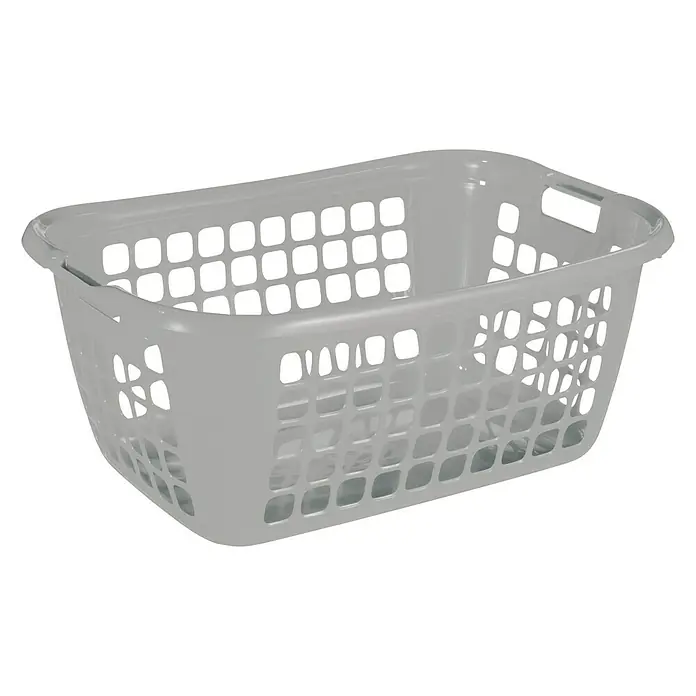 Sunware Wäschekorb Basic - L x B x H: 65 x 45 x 27 cm, Silber - Eine graue Wäschewanne aus Kunststoff mit rechteckigen Öffnungen, die einen Blick auf den Inhalt ermöglicht. Ideal für den Haushalt.