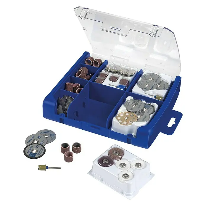 Dremel Multifunktionswerkzeug-Zubehör 725 - 70 -tlg. - Dremel Zubehör-Set in blauem Koffer mit Schleifscheiben, Schleifbändern und Polieraufsätzen für vielseitige Anwendungen.