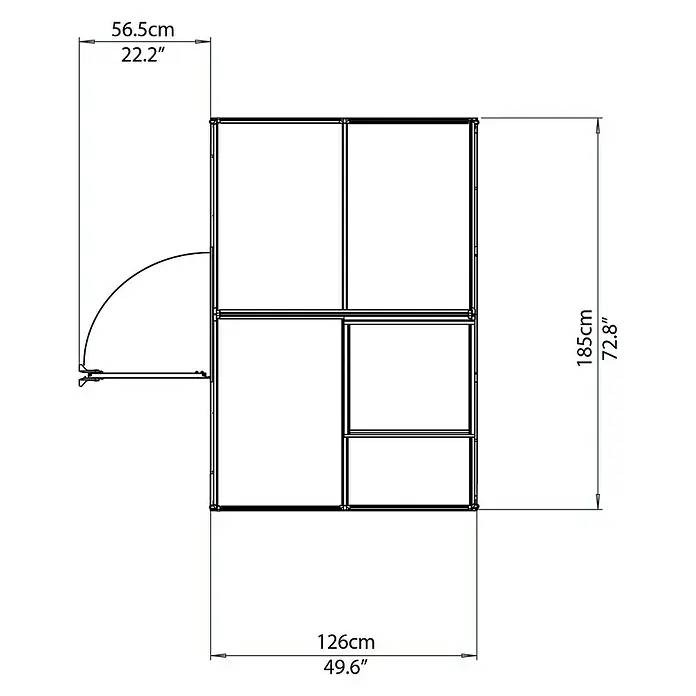 Palram – Canopia Gewächshaus Mythos 6x4 - Außenmaß inkl. Dachüberstand (B x T): 185 x 126 cm, 4 mm, Silber/Transparent - Draufsicht eines Regals mit den Maßen 185cm Höhe, 126cm Breite und 56.5cm Tiefe, detailliert mit Zentimeter- und Zollangaben.