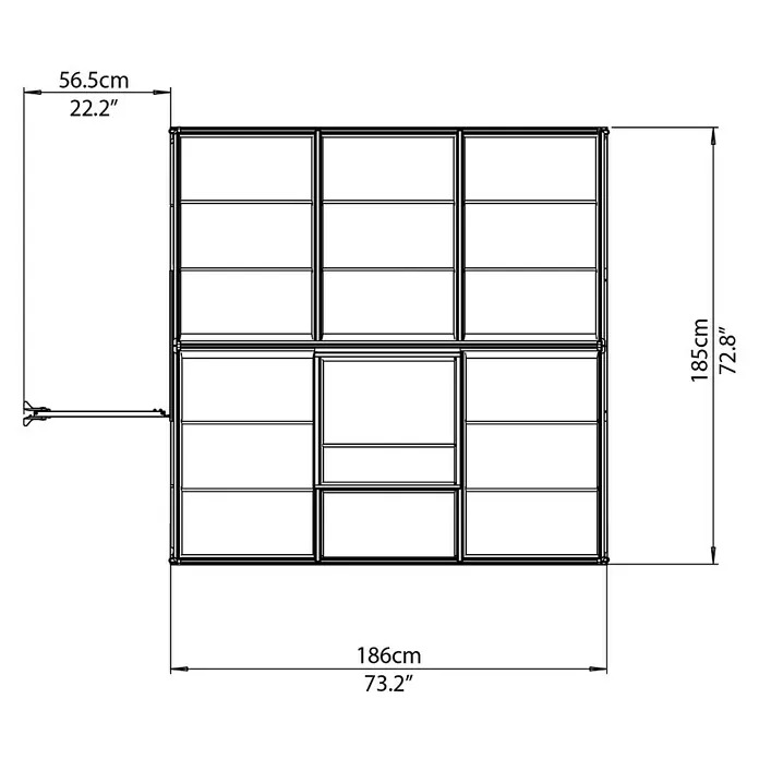 Palram – Canopia Gewächshaus Mythos 6x6 - Außenmaß inkl. Dachüberstand (B x T): 185 x 186 cm, 4 mm, Silber/Transparent - Eine grafische Darstellung eines Schranks mit Maßangaben, die 186 cm breit und 185 cm hoch sind.