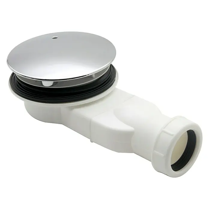 Válvula sifónica para ducha Kaolak con tapa - Diámetro salida: 40 mm, Blanco - Aquí hay un desagüe de lavabo con una parte superior cromada brillante y un tubo de plástico blanco para el drenaje.