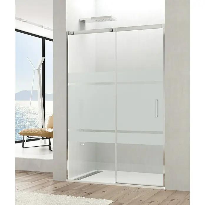 GME Mampara de ducha frontal Temple Frost - 180 x 195 cm, Espesor de vidrio: 6 mm, Plata brillo - Elegante cabina de ducha con puertas correderas y acabado satinado parcial para mayor privacidad. Diseño moderno para su baño.