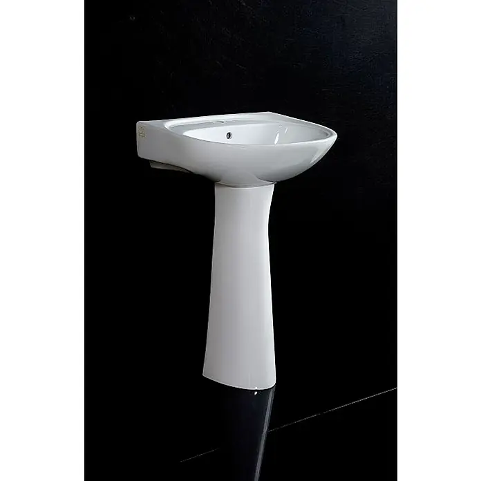 Lavabo Bahia - 55 x 46,5 cm, Orificios para grifo: Medio, Con desbordamiento, Blanco - Elegante lavabo con pedestal en blanco brillante contra un fondo oscuro. Perfecto para diseños de baño modernos y acentos con estilo.