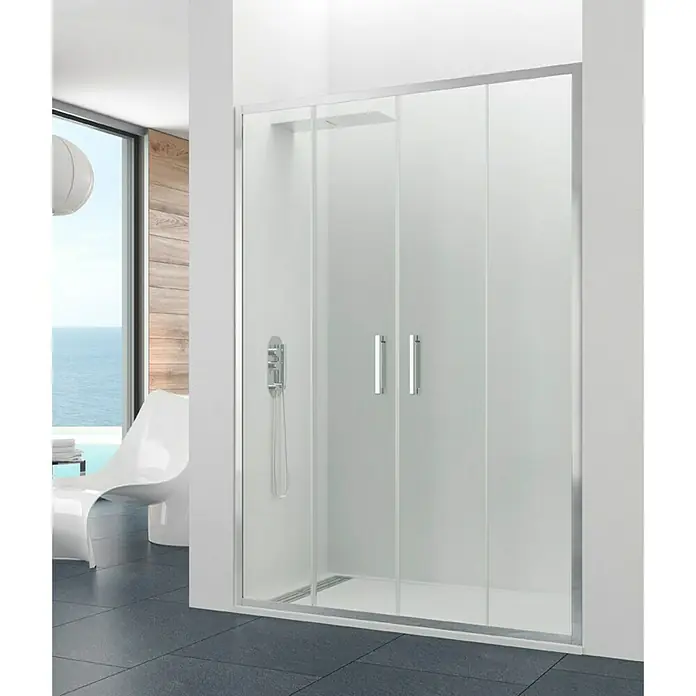 GME Mampara de ducha frontal Prestige Spazio - 140 x 195 cm, Anodizado, Espesor de vidrio: 8 mm, Plata brillo, Vidrio transparente - Cabina de ducha con puertas correderas y marco plateado, ideal para baños modernos. El vidrio esmerilado garantiza la privacidad al ducharse.