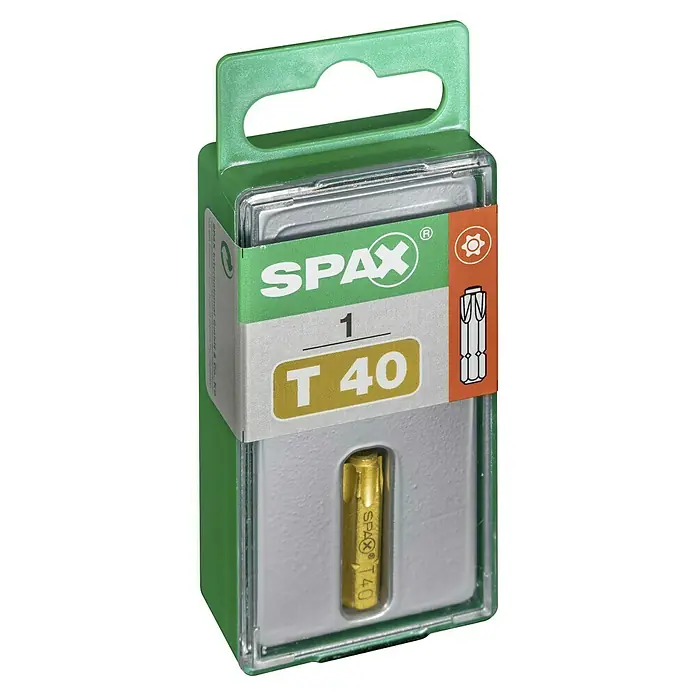 Spax Bit T-Star plus - T40, 1 Stk. - Eine einzelne Spax T40 Bit in einer grünen und silbernen Einzelverpackung. Geeignet für professionelles Handwerk und Heimwerkerprojekte.