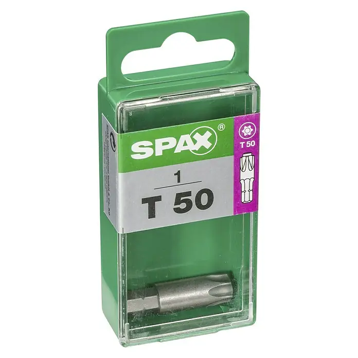 Spax Punta - T50, 1 ud. - Primer plano de un paquete de puntas de destornillador SPAX T50 en un recipiente de plástico verde con tapa transparente.
