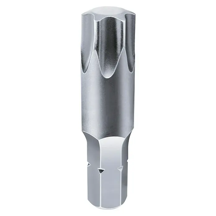 Spax Punta - T50, 1 ud. - Primer plano de una punta Torx metálica, utilizada para atornillar, permite una alta transferencia de par y una sujeción precisa.