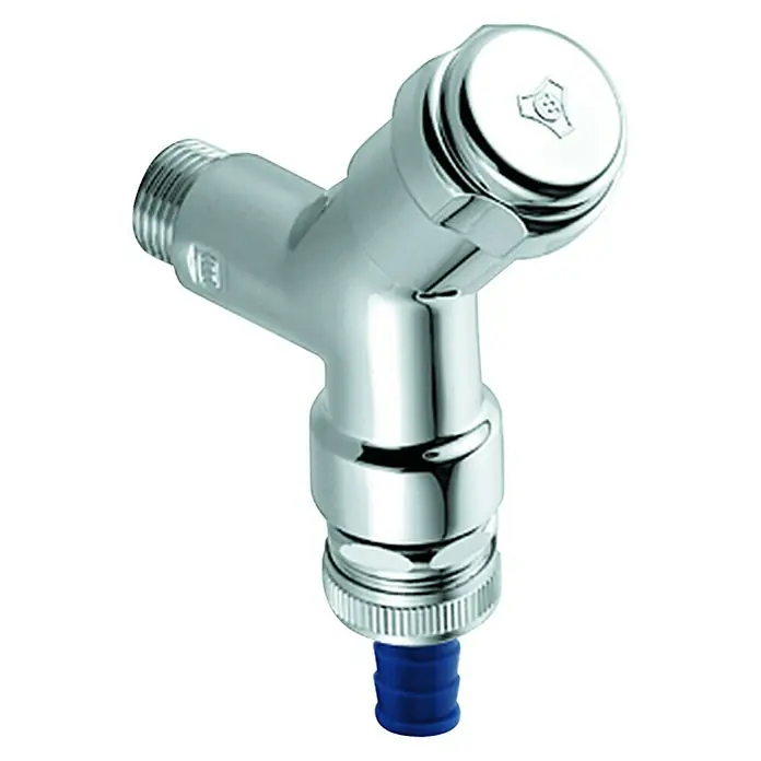 Grohe Geräteanschlussventil - ½″, Verchromt, Rohrbelüfter - Nahaufnahme eines glänzenden, silberfarbenen Wasserhahns mit einem blauen Anschlussstück, das Sanitärtechnik und modernes Design vereint.