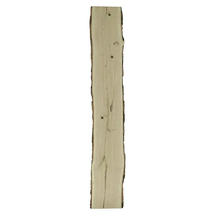 Blockware - Eiche, Anfallende Breite: 26 cm - 30 cm, 200 x 2,6 cm - Ein unbearbeitetes Stück Holz mit rustikalen Rindenkanten. Die natürliche Maserung und Astlöcher verleihen Charakter und Wärme.