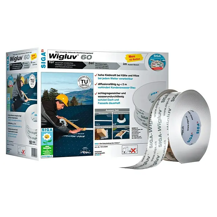 Siga Klebeband Wigluv 60 - 40 m x 60 mm, Kunststoff - SIGA Wigluv 60 Hochleistungs-Klebeband, ideal für dauerhaft winddichte Verklebungen im Außenbereich. Zuverlässig bei jedem Wetter.