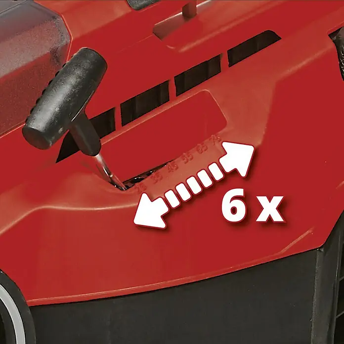 Einhell Power X-Change 18V Akku-Rasenmäher GE-CM 36/37 Li-Solo - 18 V, Ohne Akku, Schnittbreite: 37 cm - Nahaufnahme eines roten Rasenmähers mit verstellbarer Schnitthöhe, gekennzeichnet durch Pfeile und "6x".