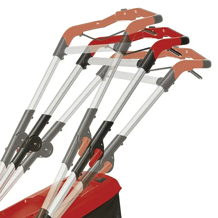 Einhell Power X-Change 18V Akku-Rasenmäher GE-CM 36/37 Li-Solo - 18 V, Ohne Akku, Schnittbreite: 37 cm - Bild von Griffen eines roten und schwarzen Rasenmähers. Die Griffe sind in verschiedenen Positionen eingestellt.