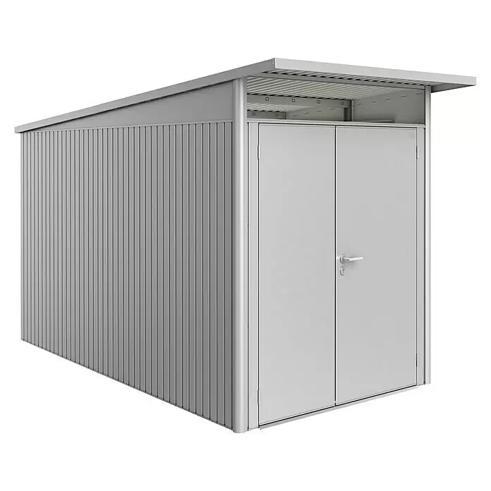 Biohort AvantGarde Gerätehaus AvantGarde A4 - Außenmaß inkl. Dachüberstand (B x T): 180 x 380 cm, Stahl, Silber Metallic, Doppeltür - Diagonale Ansicht