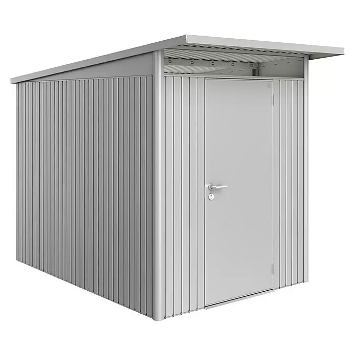 Biohort AvantGarde Gerätehaus AvantGarde A3 - Außenmaß inkl. Dachüberstand (B x T): 180 x 300 cm, Stahl, Silber Metallic, Einzeltür - Diagonale Ansicht