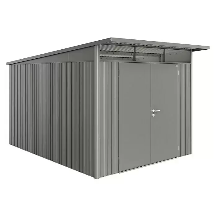Biohort AvantGarde Gerätehaus AvantGarde A8 - Außenmaß inkl. Dachüberstand (B x T): 260 x 380 cm, Stahl, Quarzgrau-Metallic, Doppeltür - Diagonale Ansicht