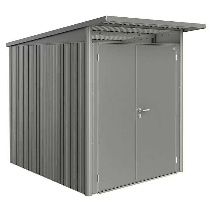 Biohort AvantGarde Gerätehaus AvantGarde A2 - Außenmaß inkl. Dachüberstand (B x T): 180 x 260 cm, Stahl, Quarzgrau Metallic, Doppeltür - Diagonale Ansicht