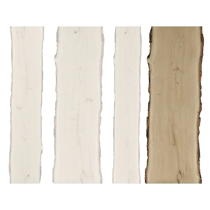 Blockware - Eiche, Anfallende Breite: 36 cm - 40 cm, 120 x 2,6 cm - Das Foto zeigt vier naturbelassene Holzbohlen, drei davon sind weiß und eine ist in naturbelassener Holzoptik.