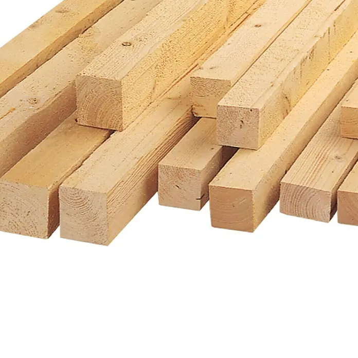 Rahmenholz - 300 x 9,8 x 9,8 cm, Fichte, Naturbelassen - Nahaufnahme von unbehandelten Holzpfosten, die in einem Stapel angeordnet sind und ein rustikales und natürliches Gefühl vermitteln.