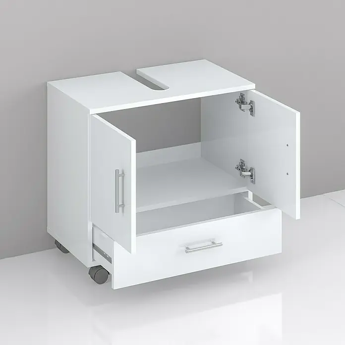 Riva Waschtischunterschrank System - 62,2 x 35,6 x 57,5 cm, Weiß, Matt - Bild eines weißen Waschtischunterschranks mit Schublade, Rollen und offenen Türen. Ideal für moderne Badezimmer.