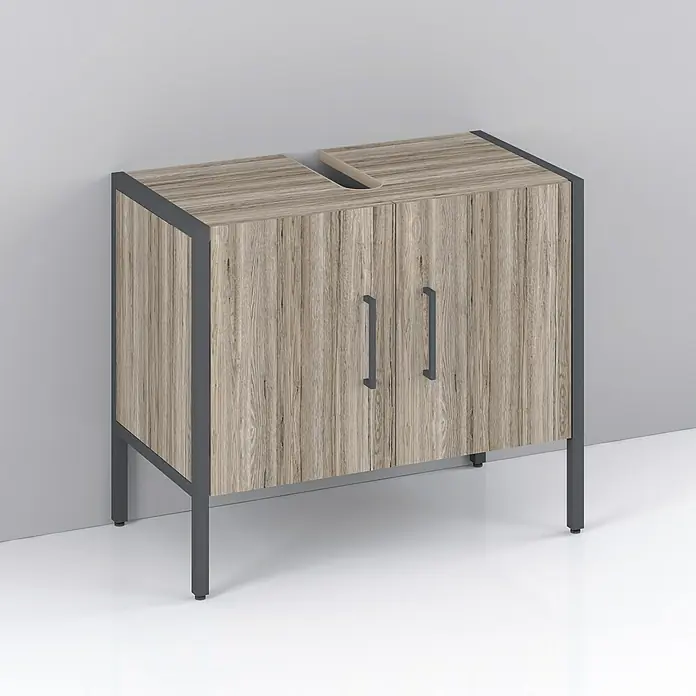 Riva Waschtischunterschrank Metal - 66,2 x 36 x 56 cm, Sanremo Rustico, Matt - Ein moderner Waschtischunterschrank mit zwei Türen und einem stilvollen Holzdekor. Der Waschtisch bietet praktischen Stauraum im Badezimmer.