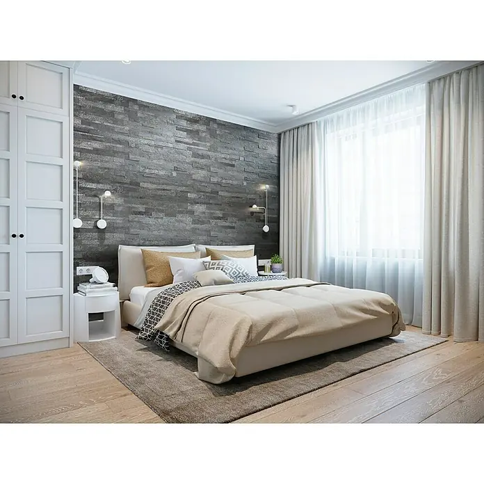Selbstklebemosaik - 60 x 15 cm, Anthrazit - Schlafzimmer mit Doppelbett, Nachttisch und Garderobe in neutralen Farben. Die graue Steinwand verleiht dem Raum eine elegante Note.