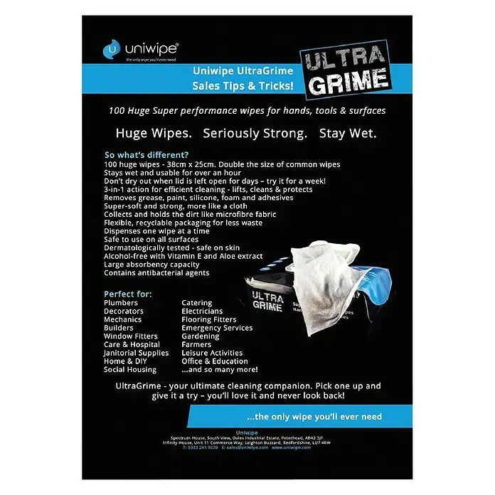 Feuchte Reinigungstücher Ultra Grime - 100 Stk. - Uniwipe UltraGrime: Leistungsstarke Reinigungstücher für Hände, Werkzeuge und Oberflächen. Stark, nass und ideal für verschiedene Anwendungen.