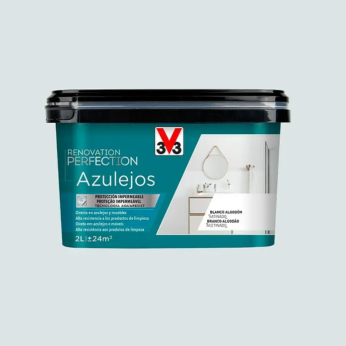 V33 Esmalte para azulejos Renovation Perfection - Gris pluma, 2 l, Satinado - Un recipiente de pintura para azulejos "Renovation Perfection Azulejos" en blanco algodón, ideal para renovar azulejos y muebles.