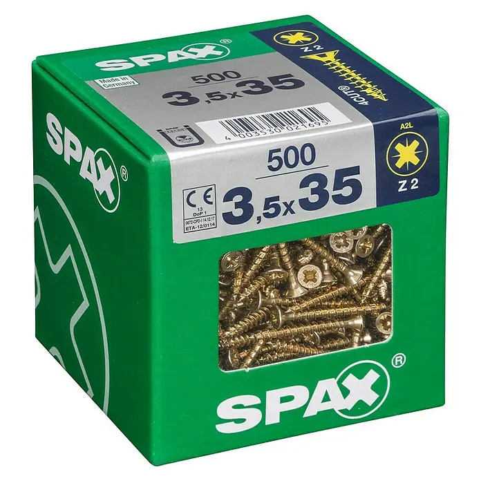 Spax Universalschraube - 3,5 x 35 mm, Vollgewinde, 500 Stk. - Dose mit 500 SPAX Schrauben, 3,5x35 mm, ideal für Holzverbindungen. Das Produkt ist in Deutschland hergestellt und zeichnet sich durch hohe Qualität aus.