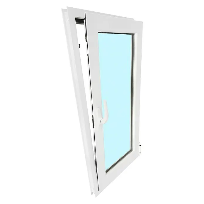 Solid Elements Ventana de aluminio practicable-oscilobatiente - 50 x 100 cm, Izquierda, Blanco - Una ventana blanca abatible con vidrio azul, parcialmente abierta, sobre un fondo neutro, ideal para presentaciones de productos.