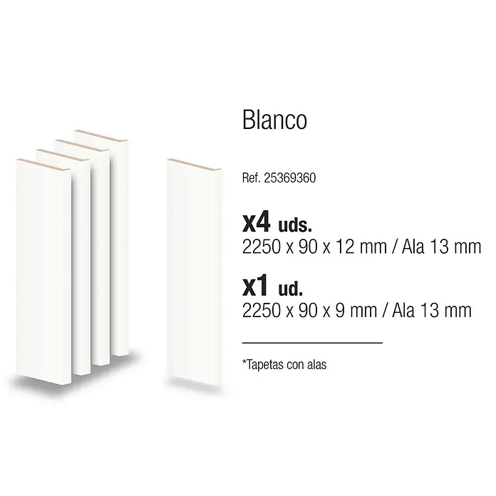 Tapeta con ala 12/9 - 90 x 2.250 mm, Blanco, 5 ud. - Imagen de rodapiés blancos, compuesto por cuatro listones de 2250x90x12 mm y un listón de 2250x90x9 mm, perfectos para acabados de interior.