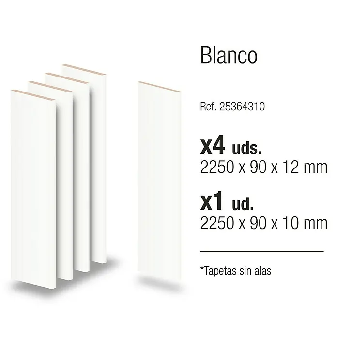 Tapeta Blanca 12/10 - 90 x 2.250 mm, Blanco, 5 ud. - Conjunto de 5 tapetas blancas rectangulares sin alas. 4x 2250x90x12mm, 1x 2250x90x10mm.