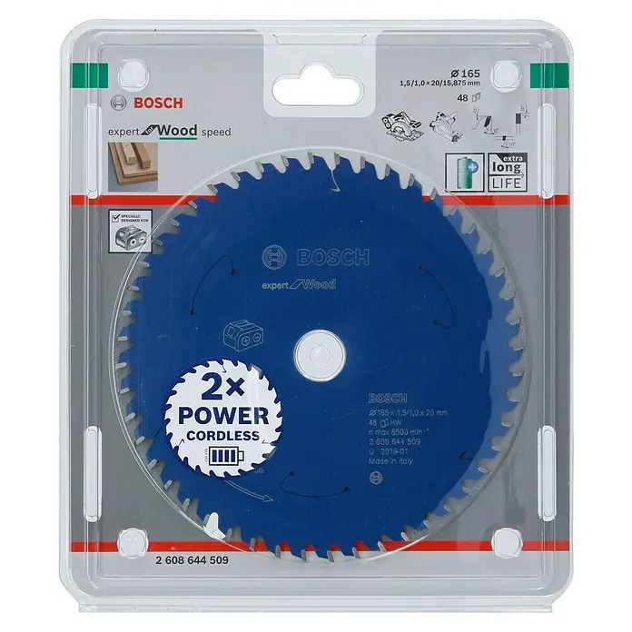 Bosch Kreissägeblatt Expert for Wood - 165 mm, Bohrung: 20 mm, Anzahl Zähne: 48 Stk. - Bosch Expert Wood Speed Kreissägeblatt in Verpackung, Durchmesser 165 mm, für schnelles und präzises Sägen von Holz.
