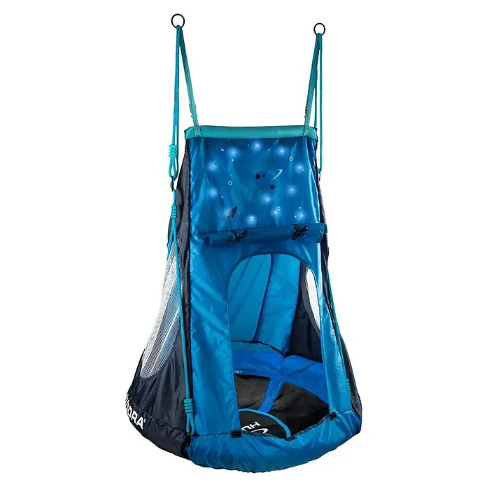 Hudora Nestschaukel Cosmos LED 90 - Durchmesser: 90 cm, Glas, Blau, Schwarz - Das Bild zeigt einen blauen Hängehöhle-Schaukelsitz mit Sternenmuster, ideal für Kinder zum Entspannen und Spielen.