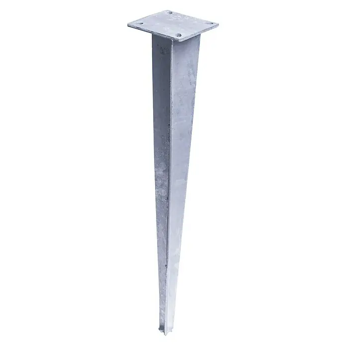 Videx Garden Einschlagbodenhülse - 11 x 11 x 67 cm, Passend für: Videx Garden Pfosten 6 x 6 cm - Bild eines verzinkten Bodeneinschlaghülse mit quadratischer Kopfplatte und Befestigungslöchern zur sicheren Verankerung von Pfosten.