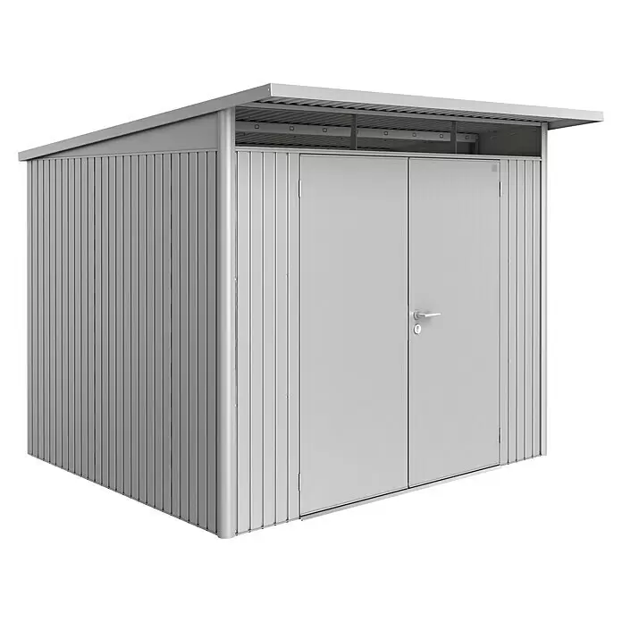 Biohort AvantGarde Gerätehaus AvantGarde A6 - Außenmaß inkl. Dachüberstand (B x T): 260 x 260 cm, Stahl, Silber Metallic, Doppeltür - Diagonale Ansicht