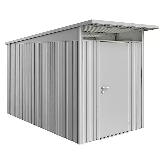 Biohort AvantGarde Gerätehaus A4 - Außenmaß inkl. Dachüberstand (B x T): 180 x 380 cm, Stahl, Silber Metallic, Einzeltür - Linke Seitenansicht