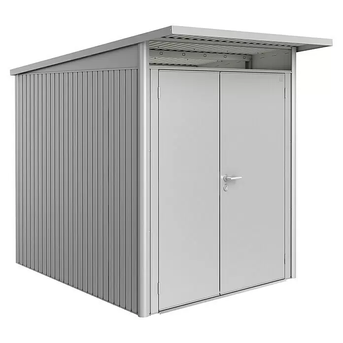 Biohort AvantGarde Gerätehaus AvantGarde A2 - Außenmaß inkl. Dachüberstand (B x T): 180 x 260 cm, Stahl, Silber Metallic, Doppeltür - Diagonale Ansicht