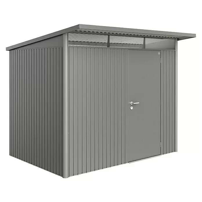 Biohort AvantGarde Gerätehaus AvantGarde A5 - Außenmaß inkl. Dachüberstand (B x T): 260 x 220 cm, Stahl, Quarzgrau, Einzeltür - Diagonale Ansicht