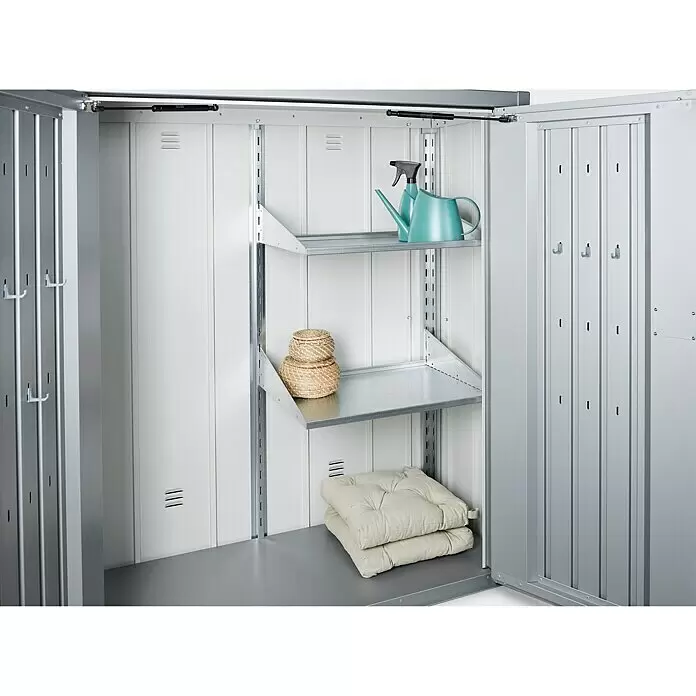 Biohort Romeo Regal-Set -  - Offener silbergrauer Metallschrank mit verstellbaren Einlegeböden, Haken und Gasfedern. Organisiert Gartengeräte und Kissen.