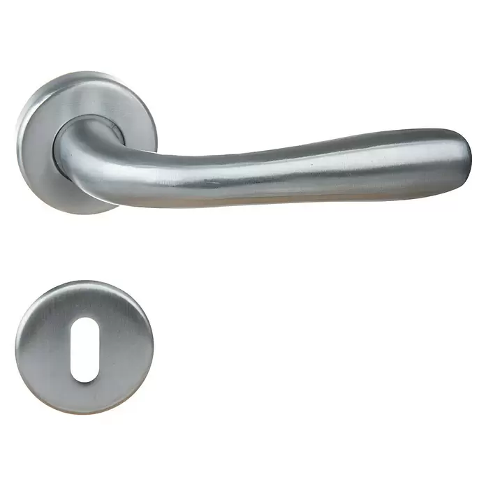 Conjunto de picaporte Arona - Grosor de la puerta: 35 mm - 45 mm, Aluminio, Curvado - Manilla de puerta y embellecedor de cerradura a juego de acero inoxidable cepillado.