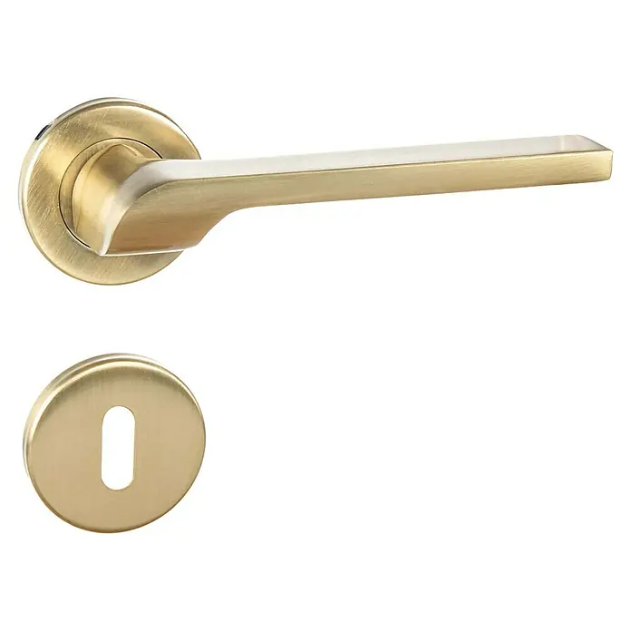 Conjunto de picaporte 694 - Grosor de la puerta: 35 mm - 45 mm, Aluminio, Recto, Latón - Manija de puerta dorada cepillada con roseta de llave redonda. Elegante y funcional para interiores modernos.