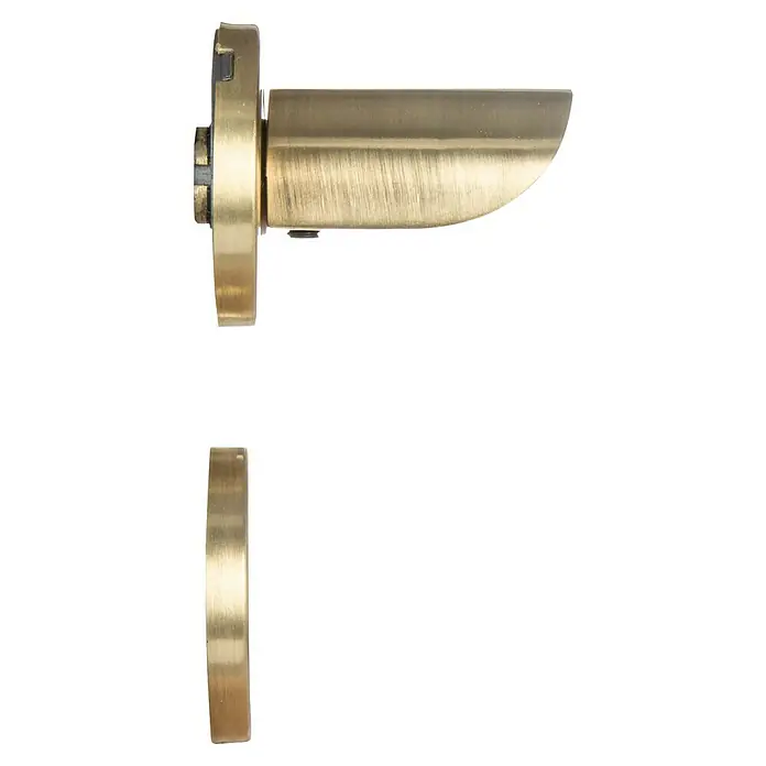 Conjunto de picaporte 694 - Grosor de la puerta: 35 mm - 45 mm, Aluminio, Recto, Latón - Primer plano de una manija de puerta de oro cepillado con su par de rosetas a juego sobre un fondo negro.