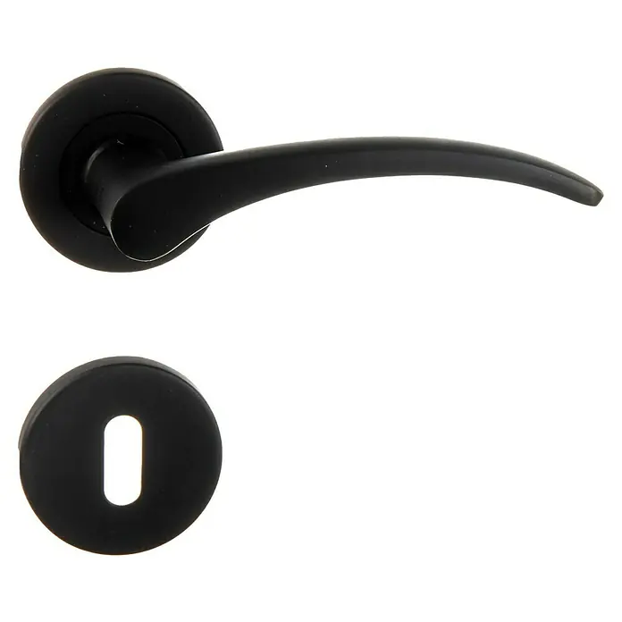Conjunto de picaporte - Grosor de la puerta: 35 mm - 45 mm, Aluminio, Curvado - Manilla de puerta negra con roseta. El moderno y elegante juego de puerta es ideal para interiores elegantes y tiene ojo de cerradura.