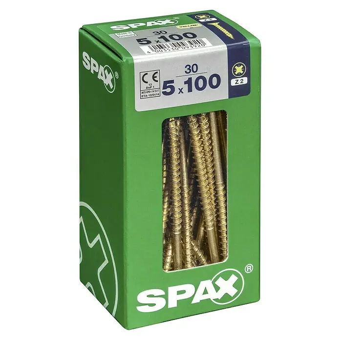Spax Universalschraube - 5 x 100 mm, Vollgewinde, 30 Stk. - Eine grüne Spax-Schraubenbox mit gelben Holzschrauben der Größe 5x100 und dem Spax-Logo, ideal für Holzkonstruktionen.