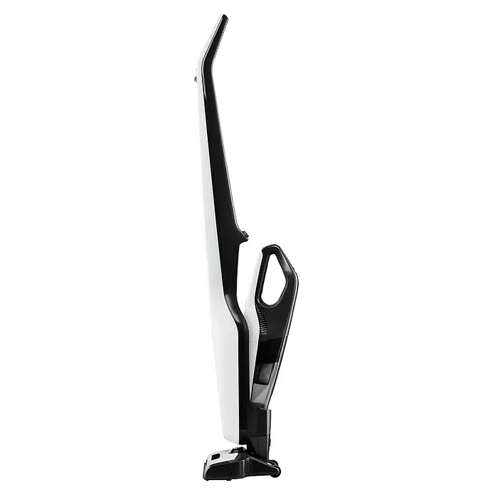 Nilfisk Akku-Staubsauger Easy -  - Eine Seitenansicht eines Akku-Staubsaugers in Weiß und Schwarz, der ein schlankes und modernes Design aufweist.